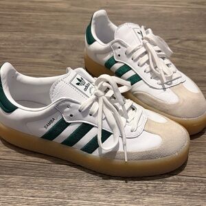 Women’s adidas White Leather Sneakers with Green Stripes and Gum Sole